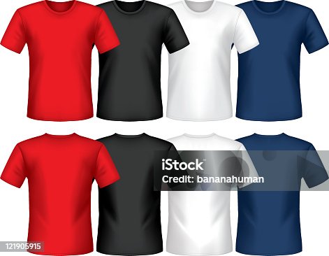 istock Graphic of multicolored crew neck t-shirts 121905915