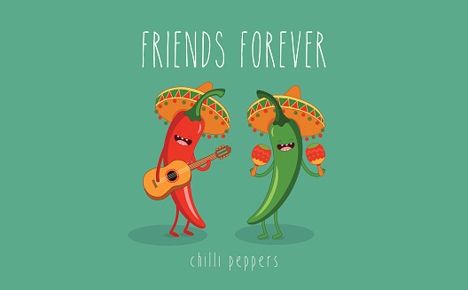 Graphic of two grinning chilli peppers in Mexican sombreros
