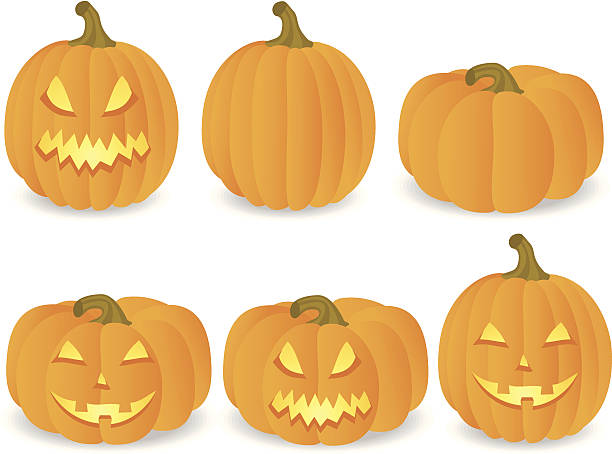 Graphic pictures of 4 Jack o Lanterns and two un-carved ones vector art illustration