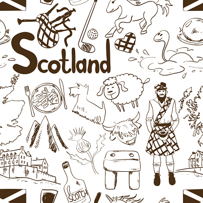 Graphic Sketch Scotland Seamless Pattern.
