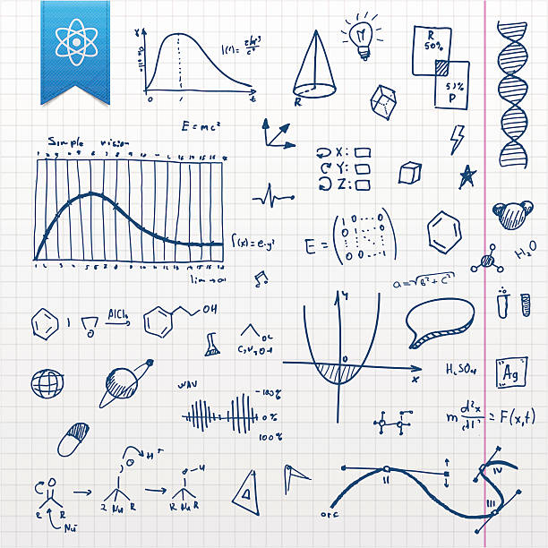 Graphing paper with several scientific doodles Set of different hand-drawn doodle scientific design element with transparency in EPS’10. dna drawings stock illustrations