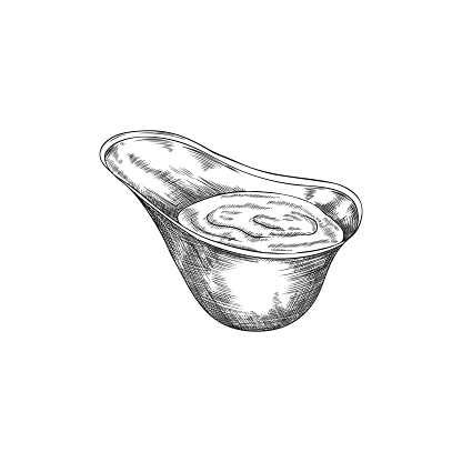 Gravy boat with food sauce, hand drawn engraving vector illustration isolated.