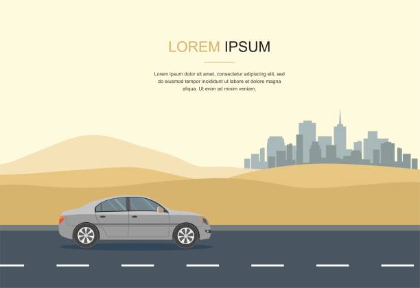 砂漠で灰色の車のドライブ - 都会　オアシス点のイラスト素材／クリップアート素材／マンガ素材／アイコン素材