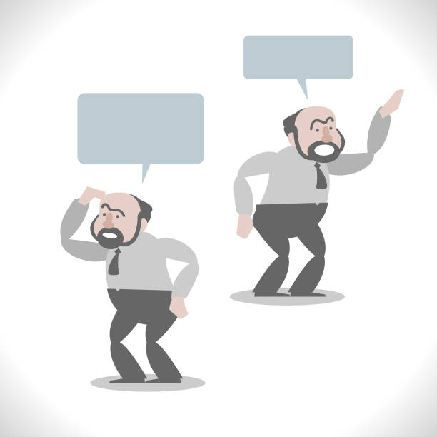 Gray Characters, short fat middle-age business man talking with hand on hip (two posture) Gray Characters Design, Manga Style, Cartoon, Vector art illustration, Copy Space, Full Length, White Background. cartoon man with complaint with speech bubble stock illustrations