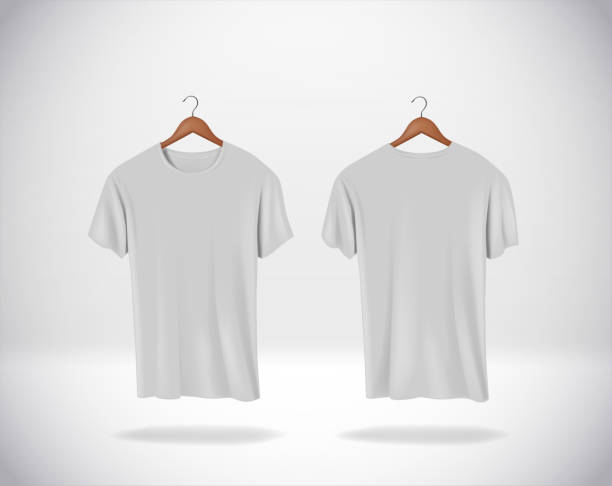 ilustrações de stock, clip art, desenhos animados e ícones de gray t-shirts mock-up clothes hanging isolated on wall, blank f - tshirt mockup