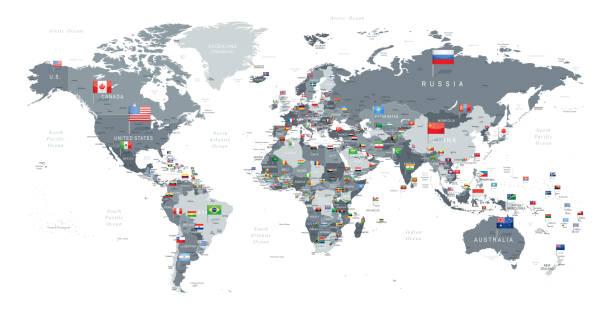 Hochdetaillierte Weltkarte und alle Flaggen - Grenzen, Länder und Städte - Vektorillustration