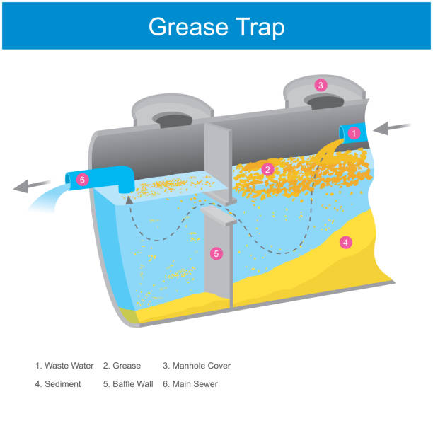 그리스 트랩. 그리스 트랩 내부의 일러스트는 물에 혼합된 지방이 저장 탱크를 띄워 쉽게 제거할 수 있도록 합니다." n - grease stock illustrations