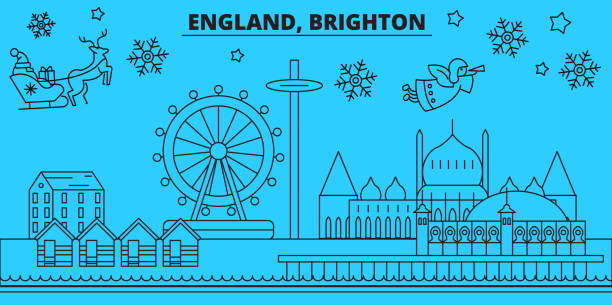 Great Britain, Brighton winter holidays skyline. Merry Christmas, Happy New Year decorated banner with Santa Claus.Great Britain, Brighton linear christmas city vector flat illustration Great Britain, Brighton winter holidays skyline. Merry Christmas, Happy New Year decorated banner with Santa Claus.Flat, outline vector.Great Britain, Brighton linear christmas city illustration brighton stock illustrations