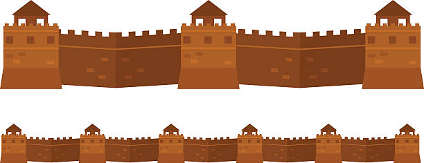 Great Chinese Wall old architecture famous attributes vector Great Chinese architecture wall and great chinese famous wall. Great Chinese wall tourism world wonder structure. Stone historic wall. Great Chinese Wall old architecture famous attributes vector.  great wall of china stock illustrations