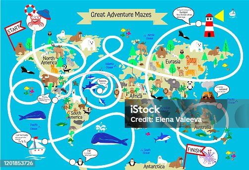istock Great Map World Maze Game. Help crab find way to Australia. Finger educational game for children, preschoolers with obstacles, tasks 1201853726