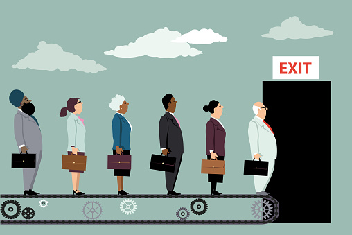 Employees on a conveyor belt leaving their jobs, EPS 8 vector illustration