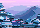 vector illustration of Great wall of China with buildings