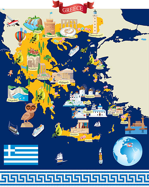 illustrazioni stock, clip art, cartoni animati e icone di tendenza di mappa dei cartoni animati della grecia - rodi