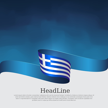 Greece flag background. Greece flag with wavy ribbon on a blue white background. National greek poster. Vector design state patriotic banner, cover, flyer.