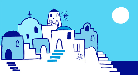 Greece hand drawn illustration. Santorini old town streets, traditional and famous houses and churches with blue domes . Vector illustration