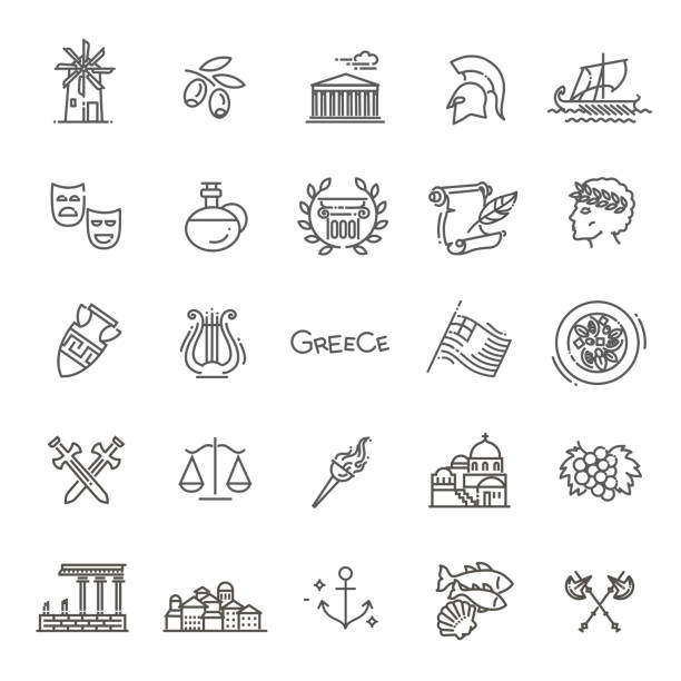 Greece line icon set.Vector Ancient, Greek civilization. Art and culture vector icon set classical greek stock illustrations