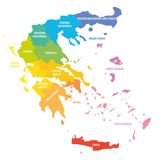 illustrazioni stock, clip art, cartoni animati e icone di tendenza di grecia - mappa delle amministrazioni decentrate - rodi