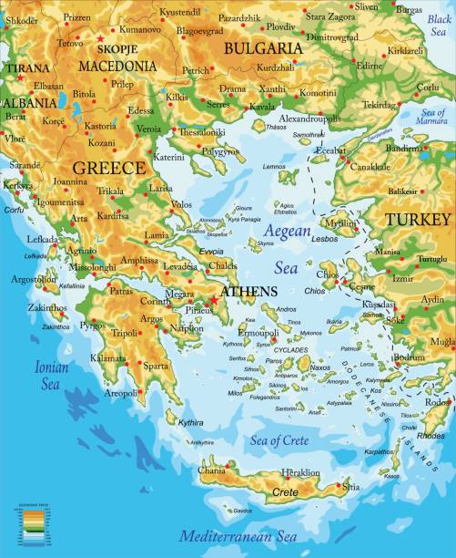 Greece relief map Highly detailed physical map of Greece in laconia greece stock illustrations
