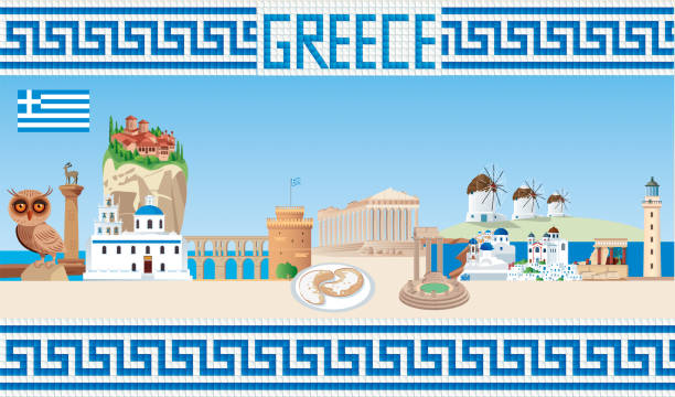 illustrazioni stock, clip art, cartoni animati e icone di tendenza di viaggio in grecia - rodi