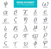 Greek letters, font set, science letters, lettering alphabet. Editable stroke icons