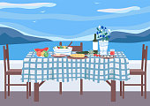 Greek banquet flat color vector illustration. Table with meals and dishes for celebratory dinner in Greece. Festive traditional lunch. Furniture 2D cartoon object with seascape on background