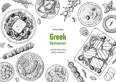 Greek cuisine top view frame. A set of greek dishes with greek salad, avgolemono soup, halloumi, taramosalata . Food menu design template. Vintage hand drawn sketch vector illustration. Engraved image.