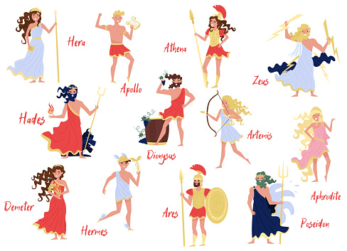 Greek Gods set, Hera, Dionysus, Zeus, Demetra, Hermes, Ares, Artemis, Aphrodite, Poseidon, ancient Greece myths cartoon characters vector