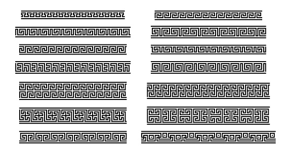 Greek Key seamless borders. Traditional meander patterns. Collection of ancient roman style frames. Vector illustration of geometric tileable motives.