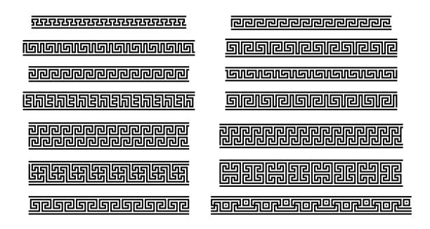 Greek Key seamless borders. Traditional meander patterns. Collection of ancient roman style frames. Vector illustration of geometric tileable motives Greek Key seamless borders. Traditional meander patterns. Collection of ancient roman style frames. Vector illustration of geometric tileable motives. roman stock illustrations