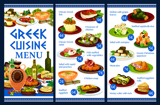 Greek menu with seafood, meat, fish and vegetables