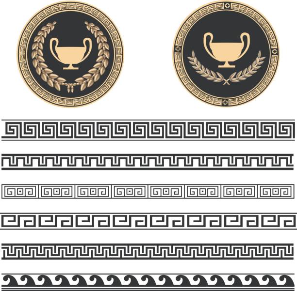 Greek Pattern Two beautiful Greek plates with laurel wrath and various meanders in black and gold color. classical greek stock illustrations