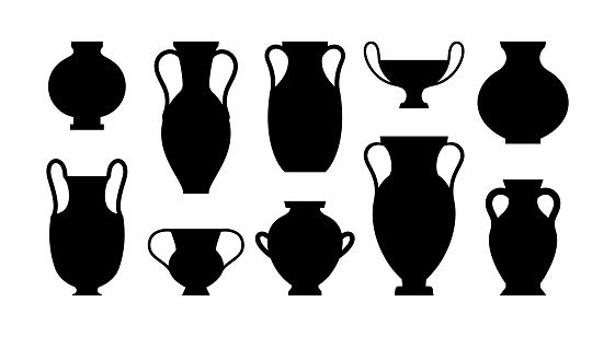Greek Vases Black Silhouettes in A Simple Style. Vector Illustrations of various Clay Vessels for creating Patterns, Prints, Posters, Collages and more.