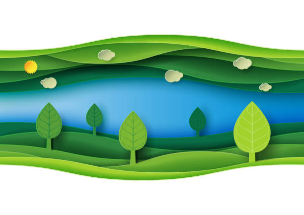 ilustrações, clipart, desenhos animados e ícones de natureza abstrata verde paisagem papel arte base - arvores 3d