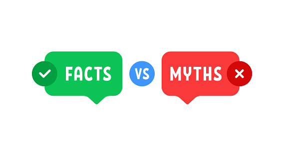 green and red bubbles with myths vs facts. concept of thorough fact-checking or easy compare evidence. flat cartoon style trend modern graphic art design isolated on white background