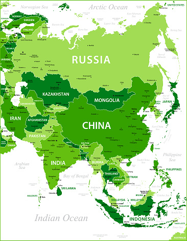 Green Asia Map with national borders. Vector Illustration