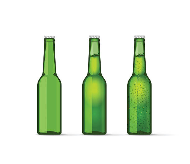 ilustrações de stock, clip art, desenhos animados e ícones de garrafas de cerveja verde conjunto com bolhas, completas e vazio - empty beer bottle