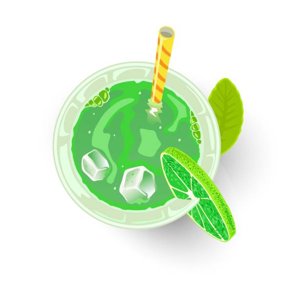 illustrations, cliparts, dessins animés et icônes de boisson verte en verre avec glaçons, paille et citron vert. cocktail ou cocktail alcoolisé - apéritif