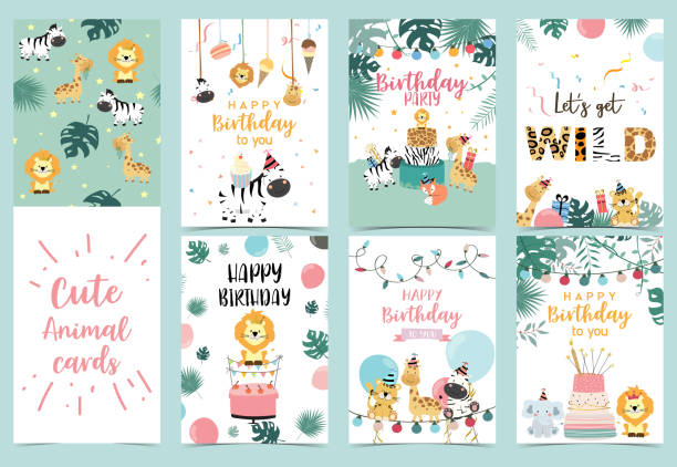 grüne geburtstagskarte mit tiger, giraffen, zebras, kuchen, blatt, regenbogen, licht und ballon - einladungskarte geburtstag stock-grafiken, -clipart, -cartoons und -symbole