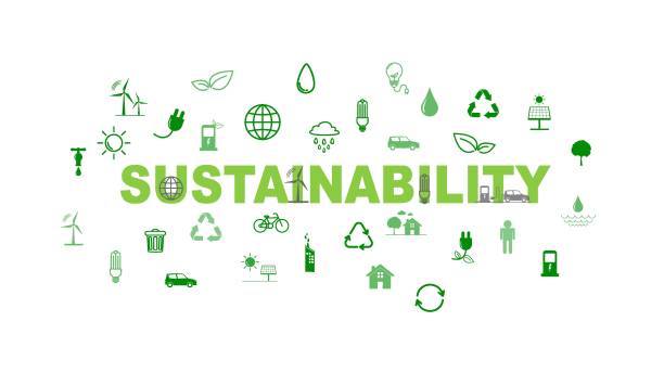 stockillustraties, clipart, cartoons en iconen met groene bedrijfssjabloon en achtergrond voor duurzaamheidsconcept met platte pictogrammen - duurzaam