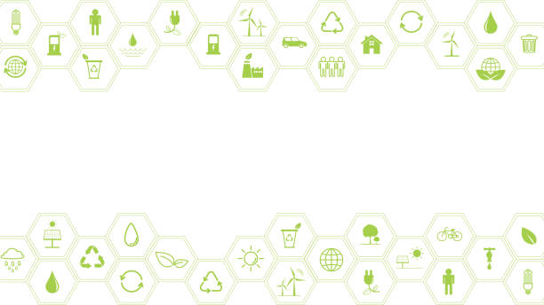 stockillustraties, clipart, cartoons en iconen met green business sjabloon en achtergrond voor duurzaamheidsconcept met vlakke pictogrammen - milieukwesties