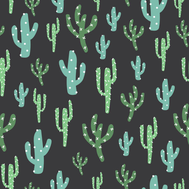 Green cactus in dark background A playful, modern, and flexible pattern for brand who has cute and fun style. Repeated pattern. Happy, bright, and magical mood. cactus backgrounds stock illustrations