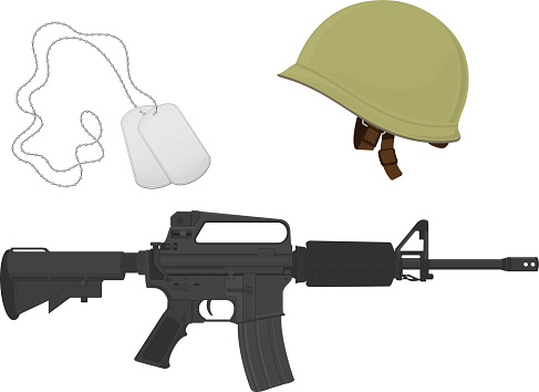 Green Camouflage Military Helmet, Machine Gun, Dog Tags