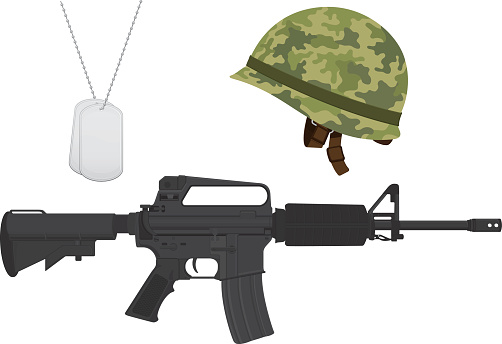 Green Camouflage Military Helmet, Machine Gun, Dog Tags
