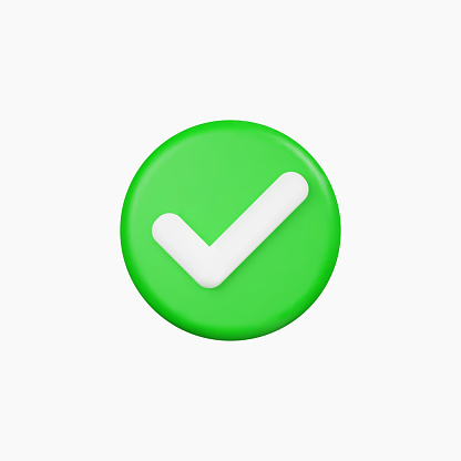Green check mark icon isolated on white background. 3D render vector illustration.