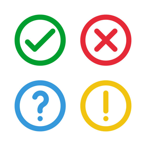 green check, red cross, blue question mark, yellow exclamation point, round thin line vector signs green check, red cross, blue question mark, yellow exclamation point, round thin line vector signs warning symbol illustrations stock illustrations