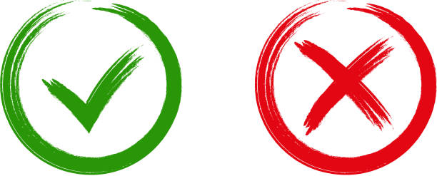 Green checkmark OK and red X icons, Tick and cross signs. Green checkmark OK and red X icons, isolated on white background. Simple marks graphic design. symbols YES and NO button for vote, decision, web. Vector illustration artificial stock illustrations