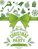 Cute Holiday Or Christmas Party Invitation Template. There is a bow and ribbon across the  with text above and below it. The top has a pattern of seasonal icons.