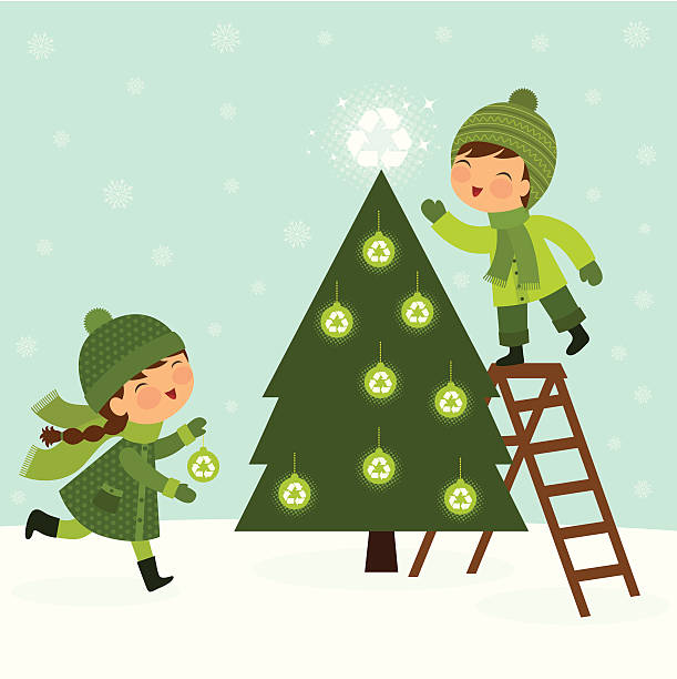 stockillustraties, clipart, cartoons en iconen met green christmas tree - vrouw kerstboom versieren