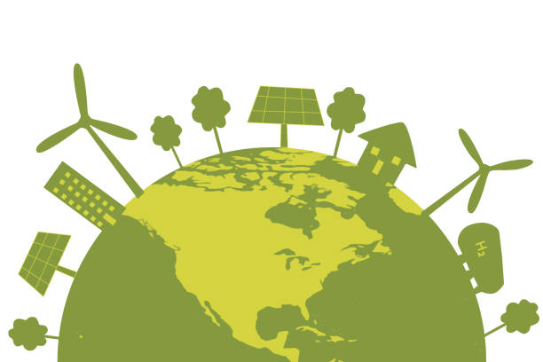bildbanksillustrationer, clip art samt tecknat material och ikoner med green city och hållbart utvecklingskoncept med vätgastankar, solkraftverk och vindkraftverk på half globe earth - green hydrogen