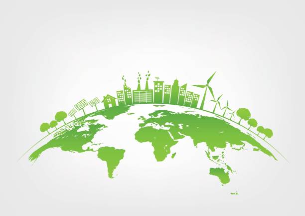 지구, 세계 환경 및 지속 가능한 개발 개념, 벡터 일러스트 레이 션에 녹색 도시 - 연료 및 전력 생산 일러스트 stock illustrations